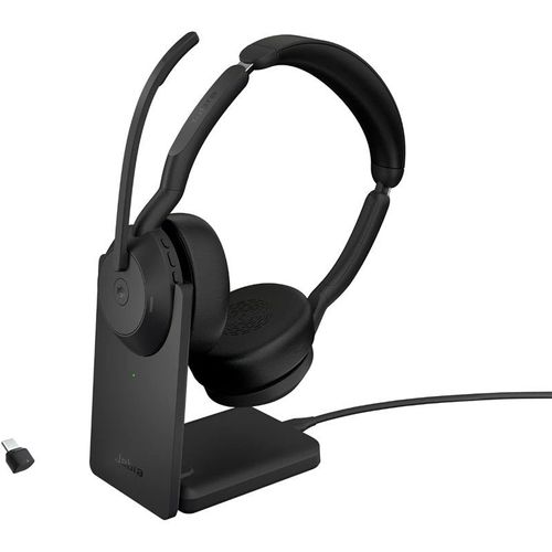 Jabra Evolve2 55 MS Stereo - Micro-casque - sur-oreille - Bluetooth - sans fil - Suppresseur de bruit actif - USB-C - noir - avec support de chargement - Optimisé pour Microsoft Teams