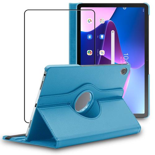 Ebeststar - Housse + Film D'écran En Verre Trempé Lenovo Tab M10 Plus 10.6 (Gen 3) Coque Etui Protection Rotation 360 Pu Cuir, Bleu [Dimensions Tablette : 251.2 X 15.9 X 7.4 Mm, Écran 10.6'']