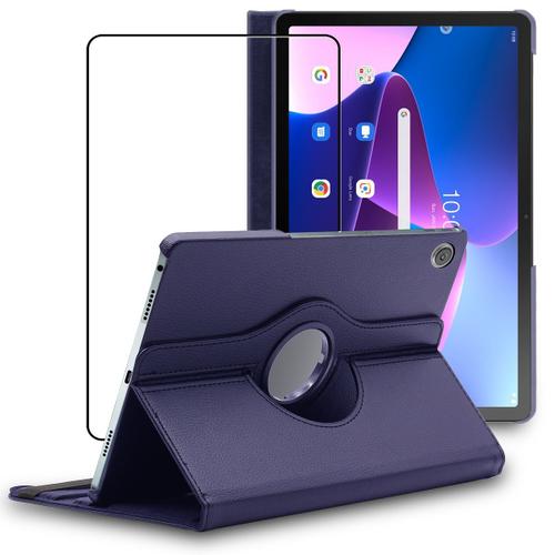 Ebeststar - Housse + Film D'écran En Verre Trempé Lenovo Tab M10 Plus 10.6 (Gen 3) Coque Etui Protection Pu Cuir Rotation 360, Bleu Foncé [Dimensions Tablette : 251.2 X 15.9 X 7.4 Mm, Écran 10.6'']