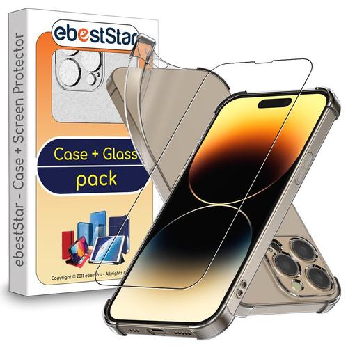 Ebeststar - Coque + Film D'écran En Verre Trempé Iphone 14 Pro Etui Silicone Slim Coins Rebords Renforcés, Antichoc, Transparent [Dimensions Precises Smartphone : 147.5 X 71.5 X 7.9 Mm, Écran 6.1''] [Nb: Lire Description]