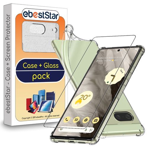 Ebeststar - Coque + Film D'écran En Verre Trempé Google Pixel 7 Etui Silicone Slim Coins Rebords Renforcés, Antichoc, Transparent [Dimensions Precises Smartphone : 155.6 X 73.2 X 8.7 Mm, Écran 6.3''] [Nb: Lire Description]