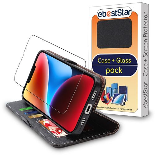 Ebeststar - Coque + Film D'écran En Verre Trempé Iphone 14 Plus Etui Portefeuille Pu Cuir Porte-Cartes, Noir [Dimensions Precises Smartphone : 160.8 X 78.1 X 7.8 Mm, Écran 6.7''] [Nb: Lire Description]