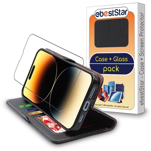 Ebeststar - Coque + Film D'écran En Verre Trempé Iphone 14 Pro Max Etui Portefeuille Pu Cuir Porte-Cartes, Noir [Dimensions Precises Smartphone : 160.7 X 77.6 X 7.9 Mm, Écran 6.7''] [Nb: Lire Description]