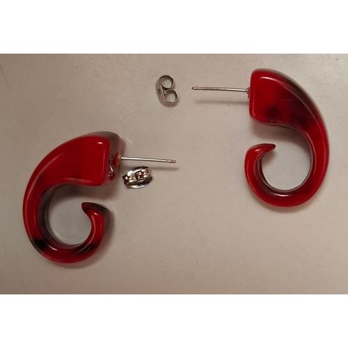 2 Boucles D'oreilles Forme Escargot - Acétate De Cellulose - 29x12 Mm - Rouge Et Noir