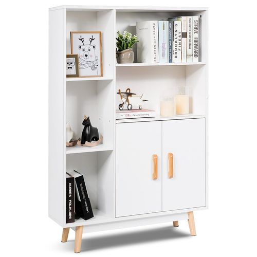 Meuble De Rangement Blanc Bibliothèque Style Scandinave Étagère Compartiments Ouverts Double Portes Mdf