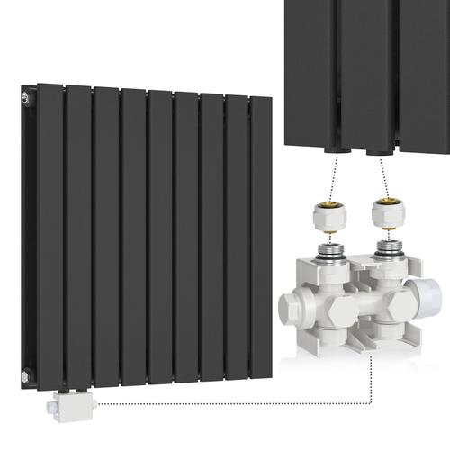 Aquamarin® Radiateur Horizontal avec Valve Thermostatique - 600x614x69 mm, Panneau Plat Double, Acier, Anthracite, Temp Réglable 5 Niveaux, Vanne Blanche - Chauffage Central Salle de Bai...