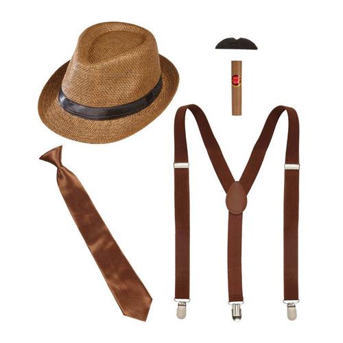 Kit Gangster Marron : Chapeau, Bretelles, Cravate, Moustache Et Tabac