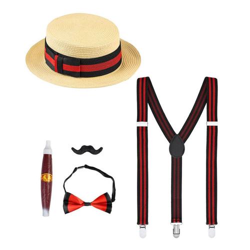 Kit Gentleman Des Années 1920 : Chapeau, Bretelles, N¿Ud Papillon, Cigare Et Moustache