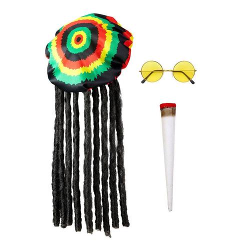 Kit Rastafari : Chapeau Avec Dreadlocks, Lunettes Et Cigare