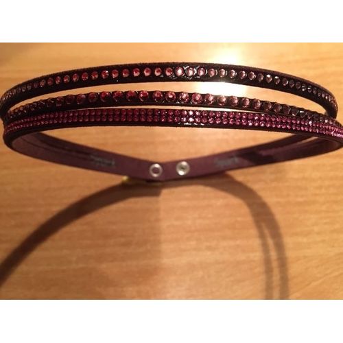 Collier Ras Du Cou - Spark - En Cuir Marron Avec 3 Rangs De Strass Roses
