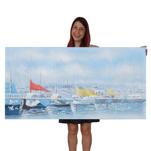 Tableau Peinture À Huile, Bateaux, Peint À La Main À 100%, Toile De Décoration Murale Xl   140x70cm