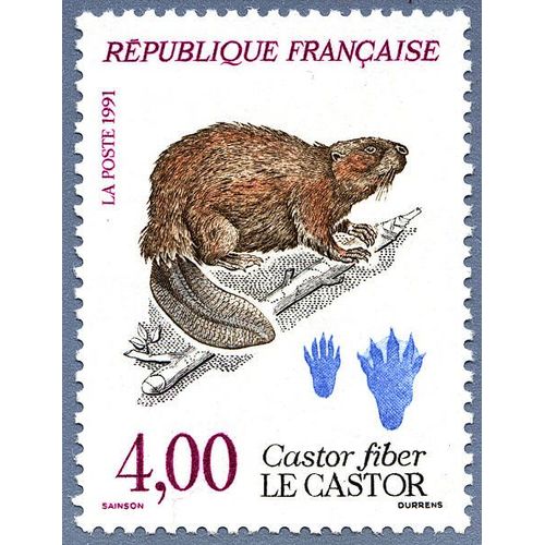 Timbre De 1991 -  Nature De France (Viii) - Espèces Protégées Le Castor - Castor Fiber - Yvert & Tellier N° 2723