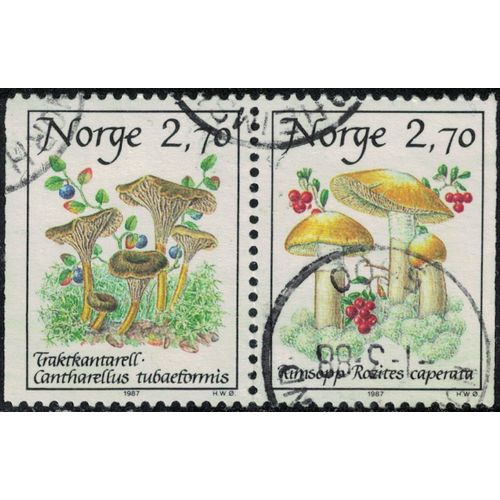 Norvège 1987 Oblitéré Used Se-Tenant Champignons Cantharellus Tubaeformis Et Rozites Caperata Y&t No 924a Su