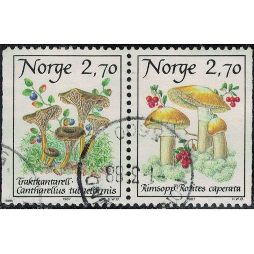 Norvège 1987 Oblitéré Used Se-Tenant Champignons Cantharellus Tubaeformis Et Rozites Caperata Y&t No 924a Su