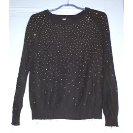 Pull-Over Noir Avec Applications Métalliques Dorées Sur La Face Avant Et Le Devant Des Manches - Pimkie Taille S/38 - Encolure Ronde - Maille Souple Et Douce Au Toucher - Dos Et Dos Des Manches Uni
