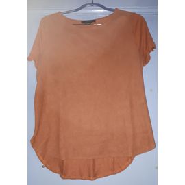 Tee-Shirt Féminin Atmosphère De Primark-Encolure Ronde Dégagée-Cotés Et Base Arrière Arrondis-Marron Clair Face Avant Aspect Suédé 95%Polyester/5%Élasthane Face Arrière Aspect Uni 100%Viscose-T. 40