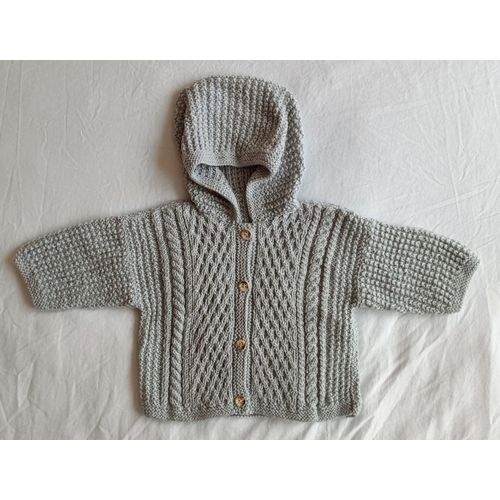 Gilet Gris A Capuche. Fait Main. Laine. 3 / 6 Mois