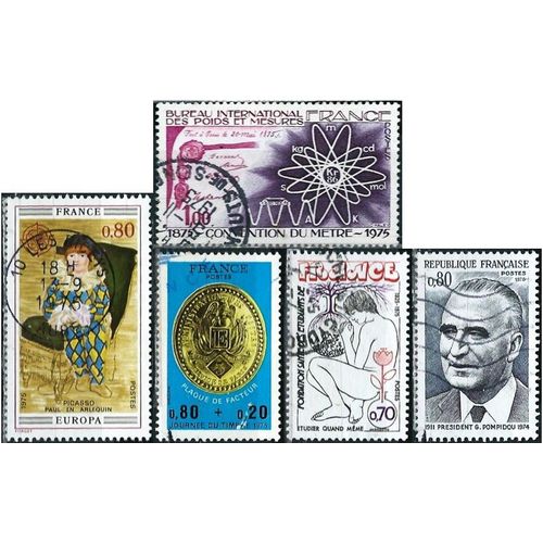 France 1975, Beaux Timbres Yvert 1838 Journée Du Timbre, 1839 Président Pompidou, 1840 Europa, Arlequin Par Picasso, 1844 Convention Du Mètre Et 1845 Fondation Santé Des Étudiants, Oblitérés, Tbe.