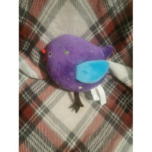 Doudou Peluche Oiseau Violet Bleu Brodé Vert Carré Blanc