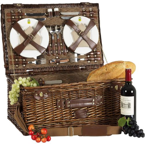 Les Jardins De La Comtesse - Panier Pique-Nique Palais Royal - Osier Naturel - Complet/4 Pers - Compartiment Isotherme - Assiettes En Céramique/Calices En Verre - Tissu Brun - 56 X 37 X 26 Cm Picnic