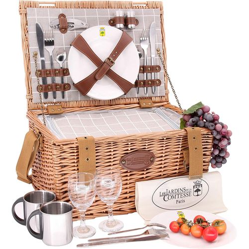 Les Jardins De La Comtesse - Concorde Panier Pique-Nique En Osier, 2 Personnes/Compartiment Isotherme/Assiettes/Verres À Vin/Tambours, Aluminium, Tissu Blanc Et Gris, 42x30x23cm Picnic