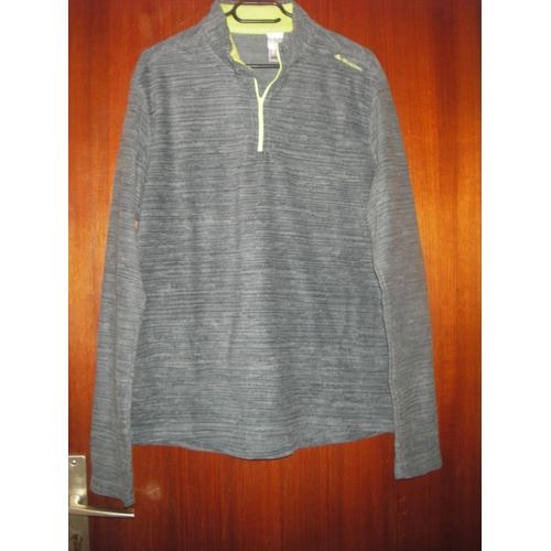 Pull Polaire Col Rond Zippé Décathlon, Taille Xl, Coloris Gris Chiné, Col Et Fermeture Vert Fluo, Quechua Brodé Sur L'épaule Gauche, 100% Polyester, Longueur: 72 Cm, Largeur Épaules: 48 Cm.