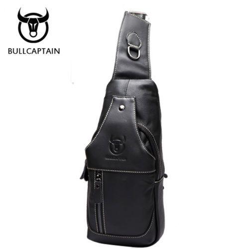 Sac Poitrine Homme Cuir Veritable BULLCAPTAIN Sacoche Bandoulière Sac à dos NOIR vintage