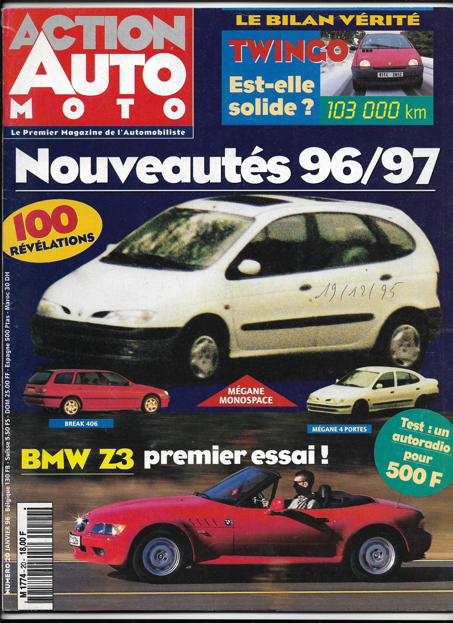 Action Auto Moto N°20- Nouveautés 96/97 100 Révélations- Bmw Z3 Premier Essai- Mégane Monospace- Twingo, Est-Elle Solide?- Parution Janvier 1996