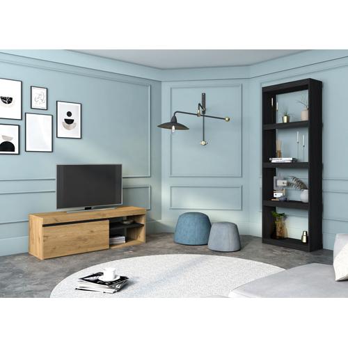 Skraut Home - Ensemble De Salon Naturale - Salle À Manger - Bureau - Mobilier Modulaire - Meuble Tv 120cm Chêne/Noir - Bibliothèque / Etagère Noire - Style Moderne