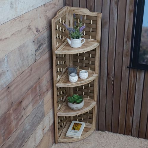 Etagère D'angle Hwc-K85 Pliable 4 Étagères, Bois De Paulownia 110cm   Brun, Tressage Brun