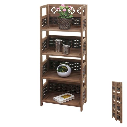 Étagère Hwc-K86 Pliable 4 Étagères, Bois 110cm   Brun Foncé, Tressage Brun Foncé