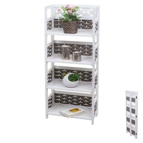Étagère Hwc-K86, Étagère Sur Pied, Pliable 4 Étagères, Bois 110cm   Blanc, Tressage Gris