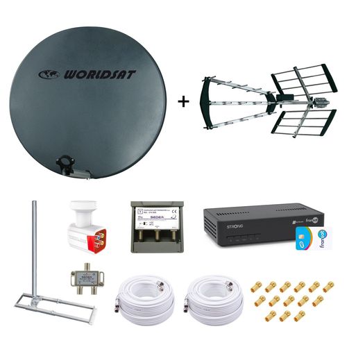 Kit Parabole Fibre 75cm + Antenne TNT + Support Toit + LNB Quad + Coupleur SAT TV + Décodeur Fransat + 2 Câbles Twin 25m + 14 Fiches