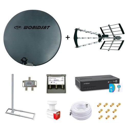 Kit Parabole Fibre 75cm + Antenne TNT + Support Toit + LNB Twin + Coupleur SAT TV + Décodeur Fransat + Câble Twin 25m + 10 Fiches F