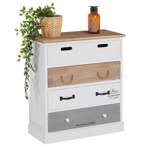 Commode Salva Étagère De Rangement Avec 4 Tiroirs En Bois De Paulownia Style Shabby Chic Vintage Rustique Blanc Brun Gris