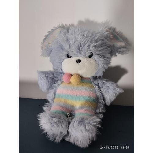 Peluche Chat Souris Bleu-Mauve Blanc Rayé Pastels Vintage Ajena