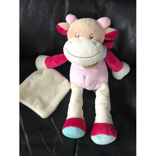 Doudou Vache Blanche Rose Et Violette Et Bleu Mouchoir Baby Nat 25cm
