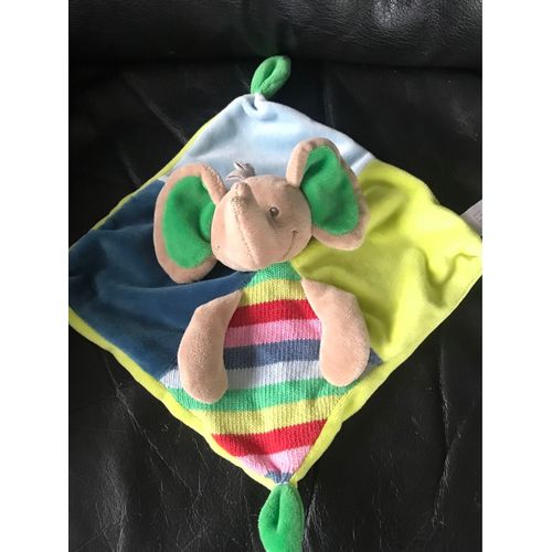 Nicotoy Woodstock Doudou Plat Éléphant Vert Bleu Rouge