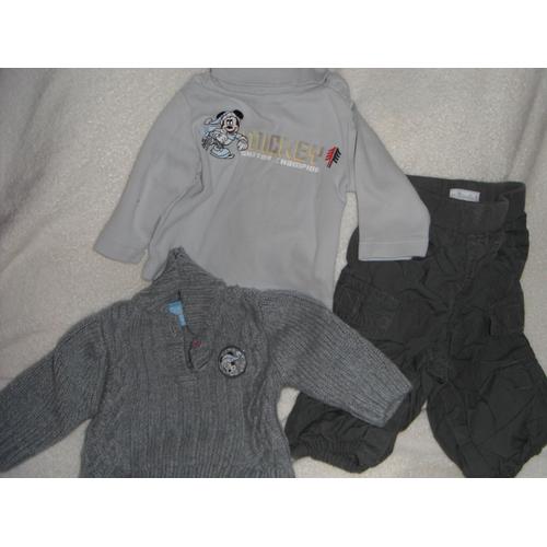 Ensemble Garçon Pantalon + Sous-Pull + Pull Disney Mickey Taille 3 Mois Idée Cadeau