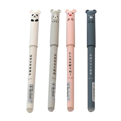 Stylo Effaçable Avec Imprimé D'animaux De Dessin Animé Pour Fille, Outil D'écriture De Style Kawaii À Dessin Mignon De Cochon Et Panda De 0,35 Mm, Fourniture Scolaire Disponible En Papeterie, 4 Pièces