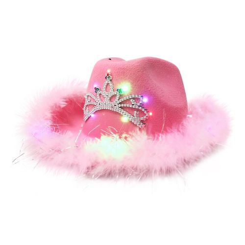 Chapeau De Cowboy À Led De Style Occidental Rose Pour Femmes, Casquette De Fête À Large Bord Déformé Avec Paillettes, Couronne De Décoration