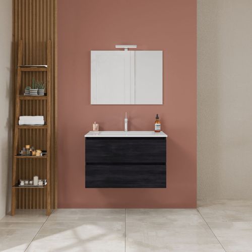Meuble De Salle De Bain 2 Tiroirs Avec Lavabo Et Miroir 80cm Gris Foncé | Berlin