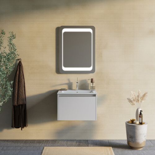 Gris Clair Mat 60cm Armoire De Salle De Bain, Lavabo Et Miroir 60x80 | Monaco