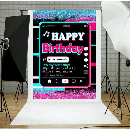 toile de fond personnalisée pour fête d'anniversaire, décorations de fête,  avec nom, musique, thème des médias sociaux, pour adolescents