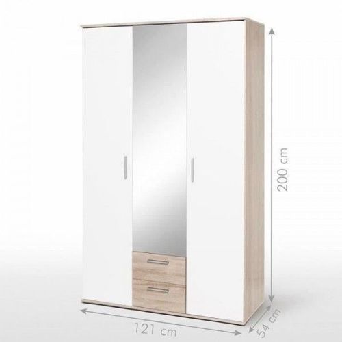 Armoire Battante - Panneaux De Particules - Blanc Et Chene - 3 Portes Et 2 Tiroirs + Miroir - L 121 X P 54 X H 200,1 Cm - Selkea