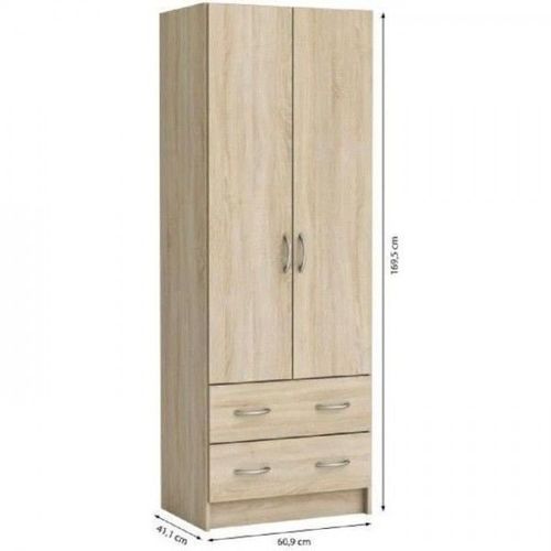 Demeyere Armoire - Décor Chene Brossé - 2 Portes Et 2 Tiroirs - Classique - Chambre - L 61 Cm - Dual