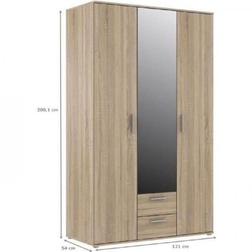 Armoire 3 Portes Battantes Avec 1 Miroir + 2 Tiroirs - Décor Chene Sonoma - L 121 X P 54 X H 200,1 Cm - Selkeä