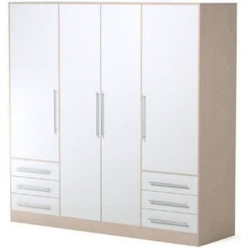Armoire 4 Portes Battantes + 6 Tiroirs - Chene Et Blanc - L 206 X P 60 X H 200 Cm - Jupiter