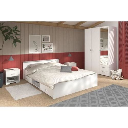 Chambre Complete Adulte Zodiac : Lit 140x190 Avec Tiroir + Armoire 3 Portes Et 2 Tiroirs + 2 Chevets - Décor Blanc - Parisot
