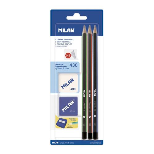 Blister 3 Crayons Graphite Triangulaires + Taille-Crayons Afila + Gomme À Effacer 430